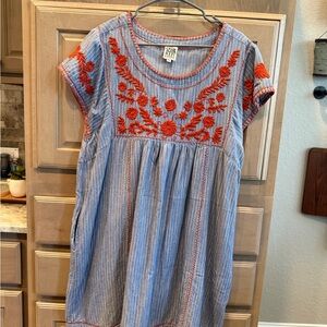 Chic Blue Dress with Orange Embroidery